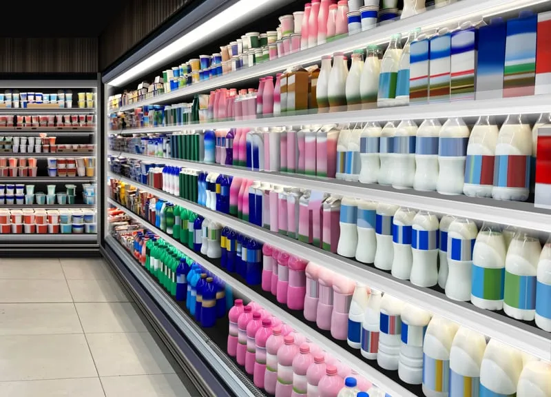 Image showing Mastering Market Entry service. Dairy aisle of a shopping mall with dairy products such as 
      milk and yoghurt in clear, pink and green containers and bottles