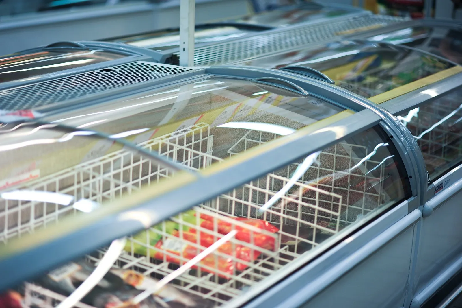 Food in glass display in a supermarket